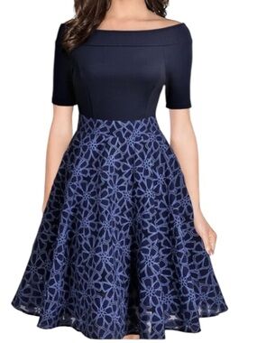 Miusol Navy Off Shoulder Lace Floral Midi Dress Fit Flare Cocktail L